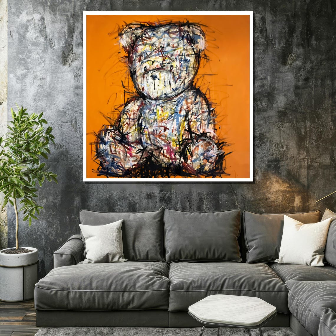 Abstract Graffiti Teddy Bear in Vibrant Orange Scribble Art Poster - Image 2