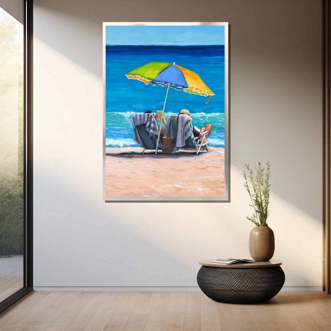 Couple Relaxing Under A Colorful Umbrella Seaside Scene Poster - Image 3