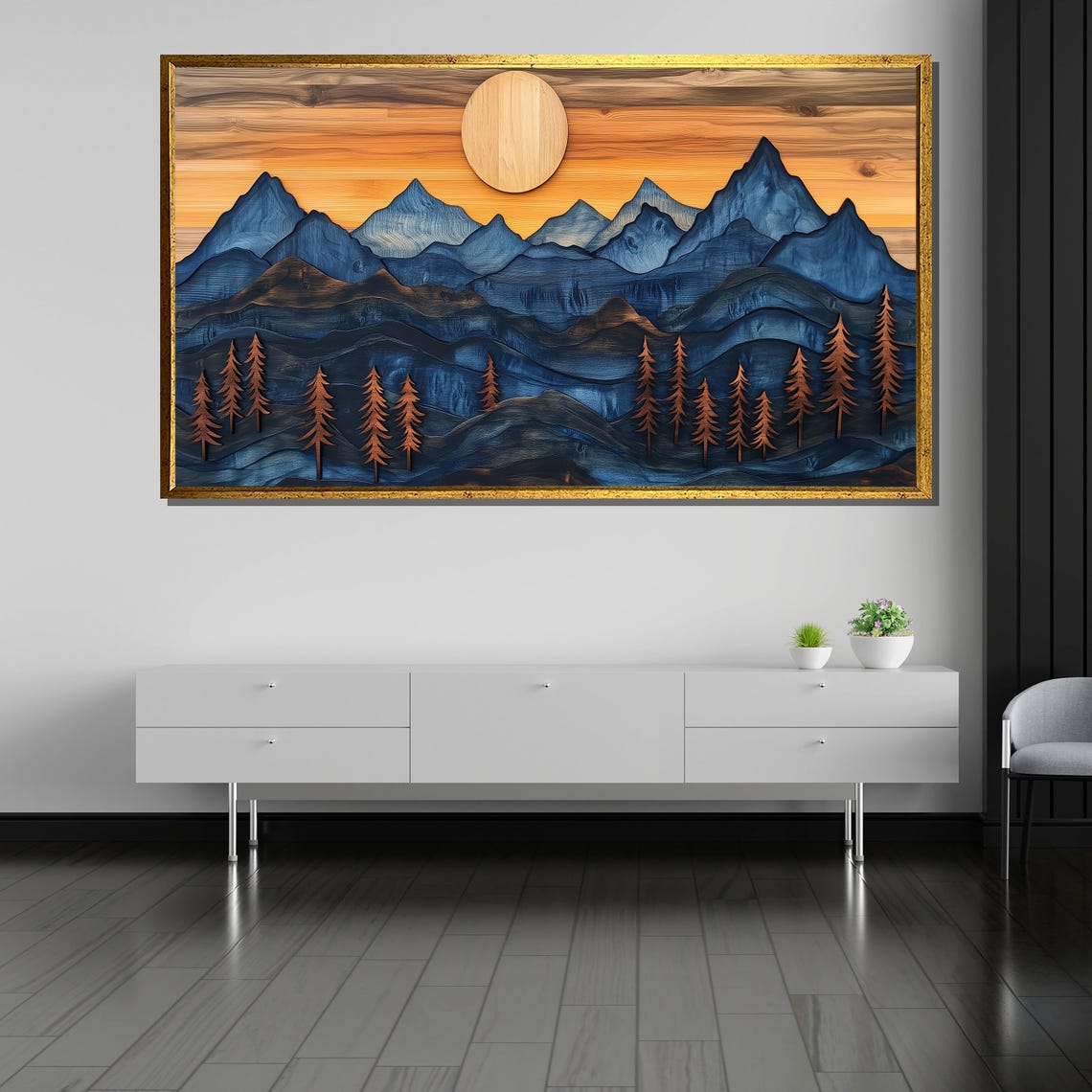 Layered Blue Mountains Orange Sunset Pine Forest Wall Poster - Image 5