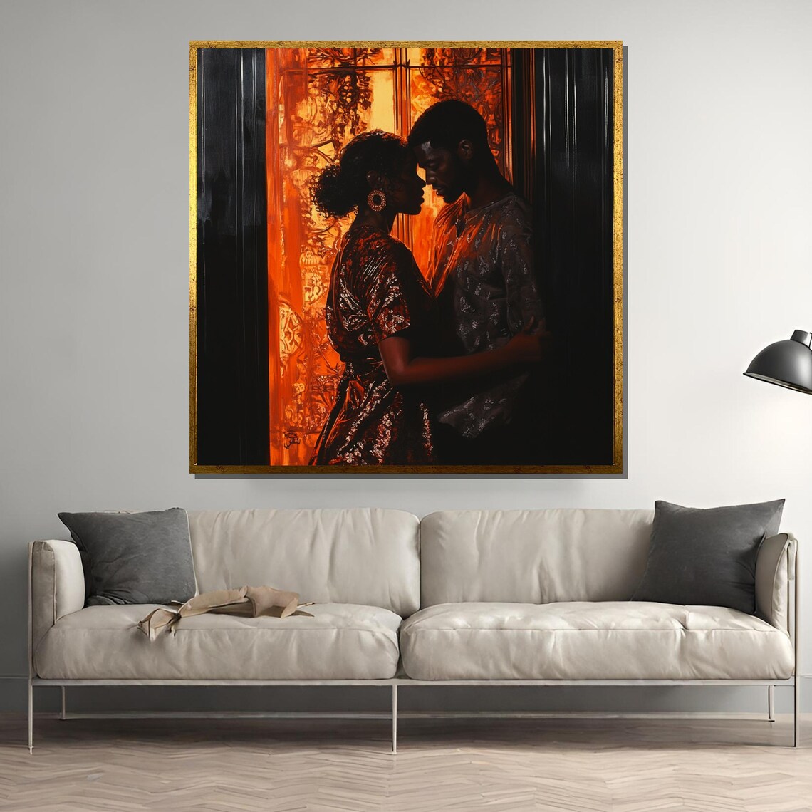 Couple Embrace in Doorway Against Fiery Orange Sunset Glow Poster