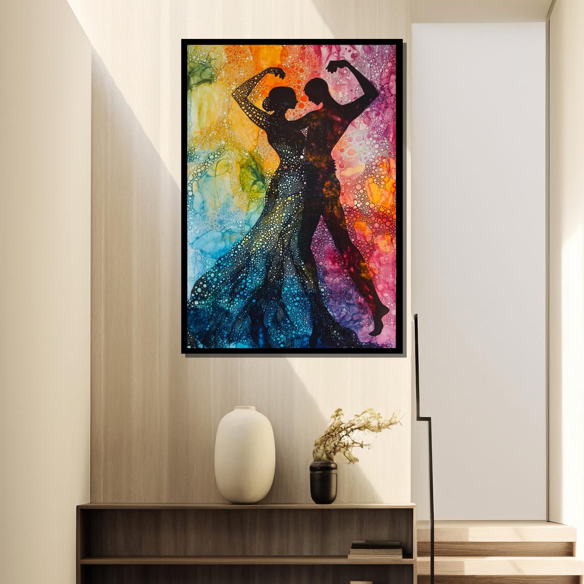 Dancing Couple Silhouette in Colorful Watercolor Splashes Poster - Image 4
