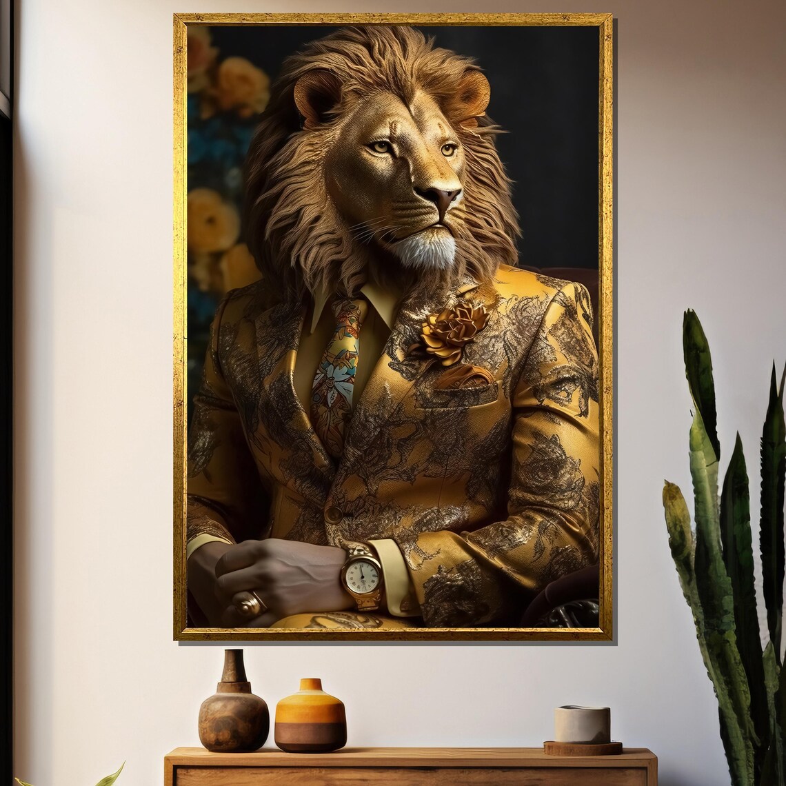 Dapper Lion In Ornate Gold Suit With Tie Regal Portrait Art Poster
