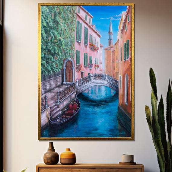Venetian Canal Painting Elegant Gondola And Bridge Scene Perfect Art Gift For Travel And Architecture Lovers