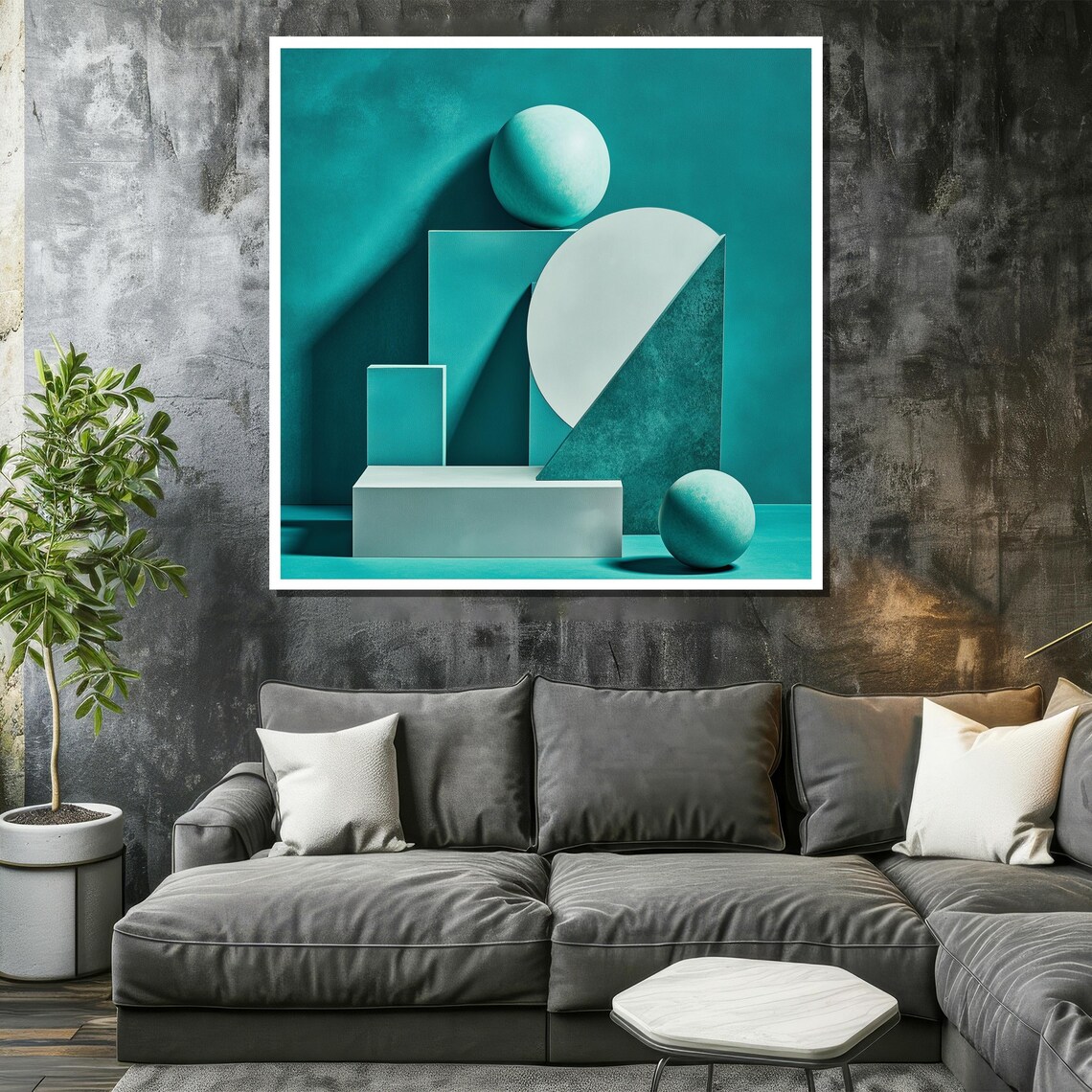 Modern Teal Geometric 3D Shapes Minimalist Abstract Art Poster - Image 2