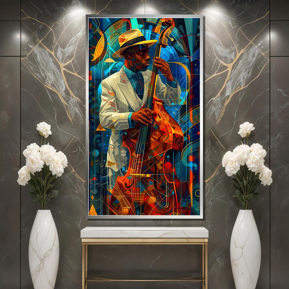 Vibrant Art Deco Jazz Double Bassist Musician Portrait Poster - Image 3