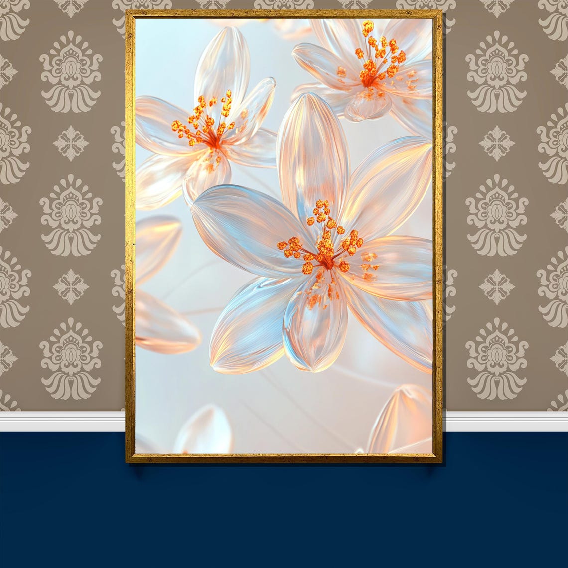Translucent Glass Flowers with Glowing Orange Stamens Floral Poster