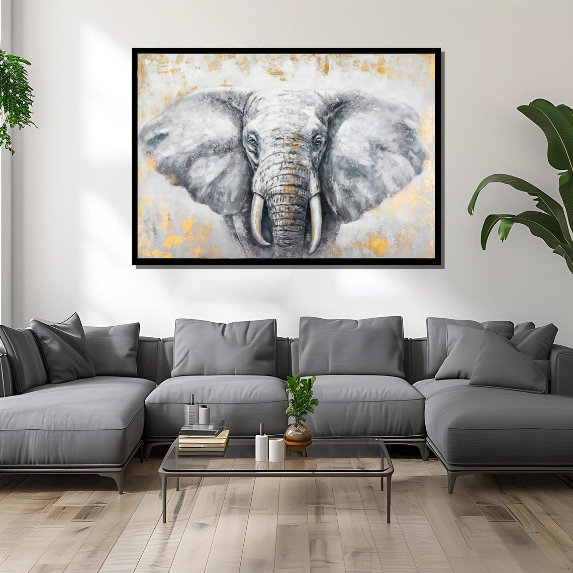 Gray Elephant Face With Gold Leaf Accents Elegant Wildlife Art Poster - Image 4