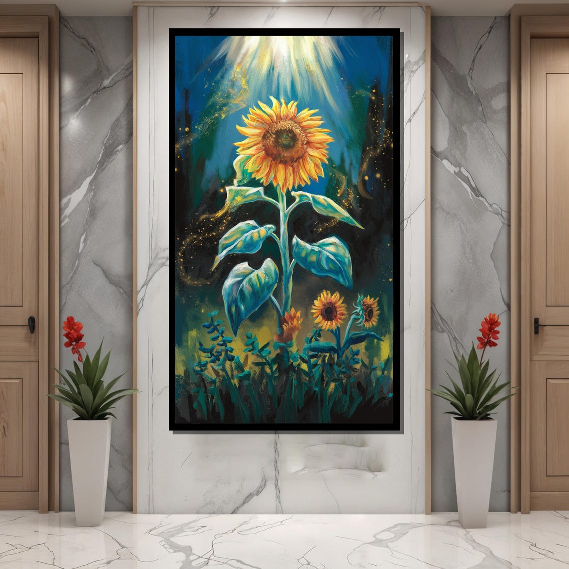 Radiant Sunflower Bathed in Golden Light Against Night Sky Poster - Image 4