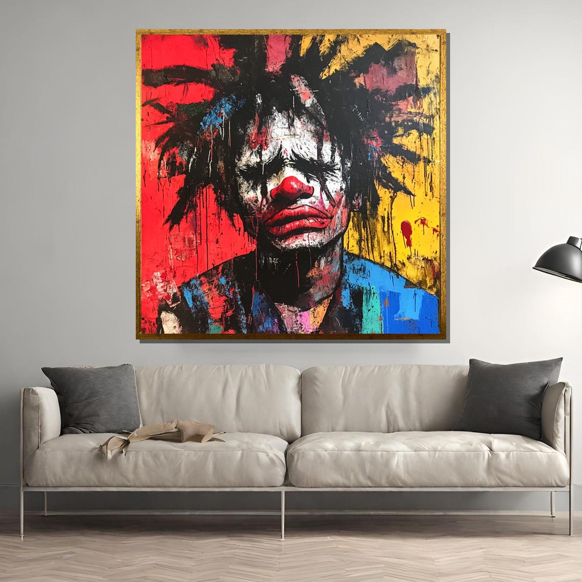 Basquiat Inspired Painting Abstract Clown Art Emotional Expressionist Wall Decor Urban Graffiti Artwork Bold Portrait Gift