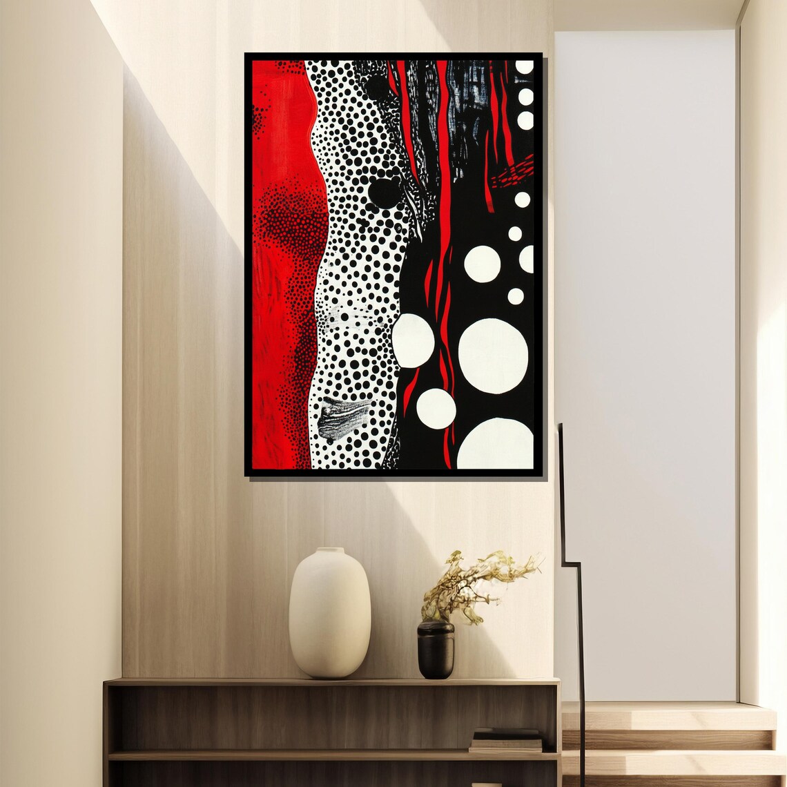 Kusama-Inspired Red Black and White Polka Dot Abstract Waves Poster - Image 4