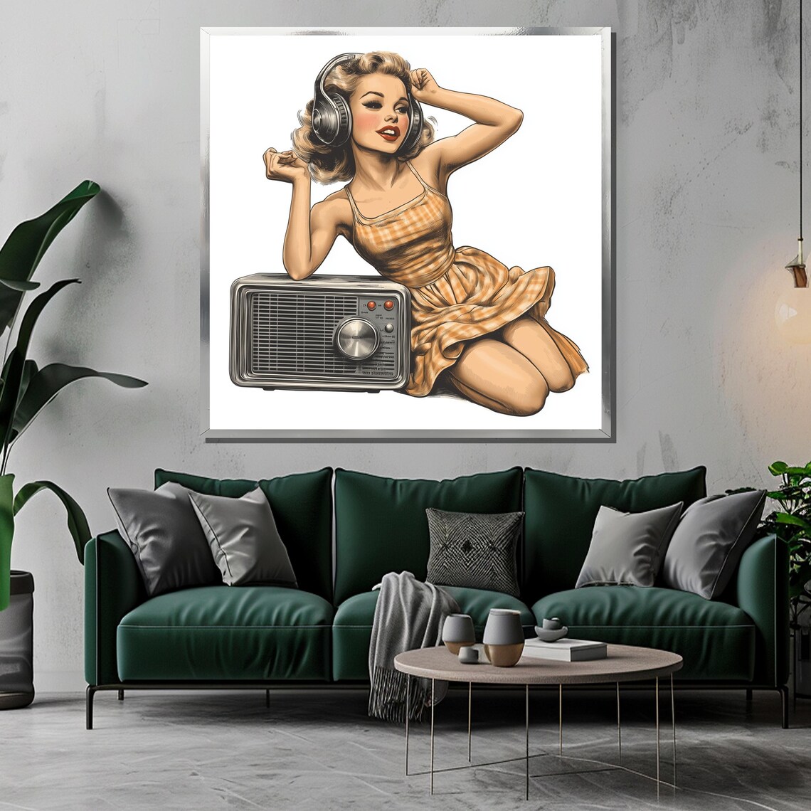 Retro Radio Girl Painting 1950s Vintage Music Art Pin Up Style Wall Decor Midcentury Gift For Music Lovers - Image 3