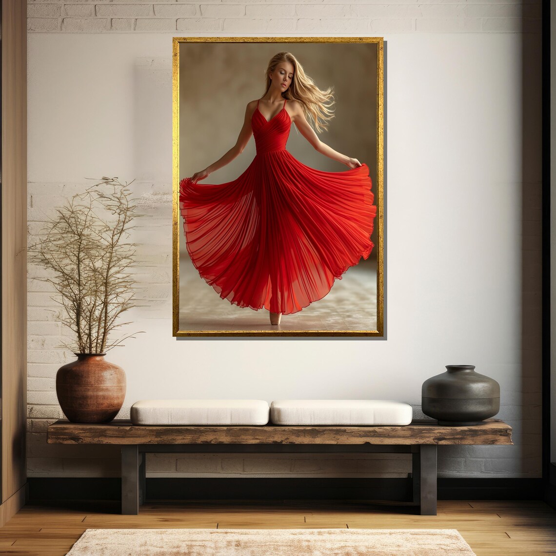 Blonde Woman Twirling Joyfully In A Flowing Red Dress Poster - Image 5