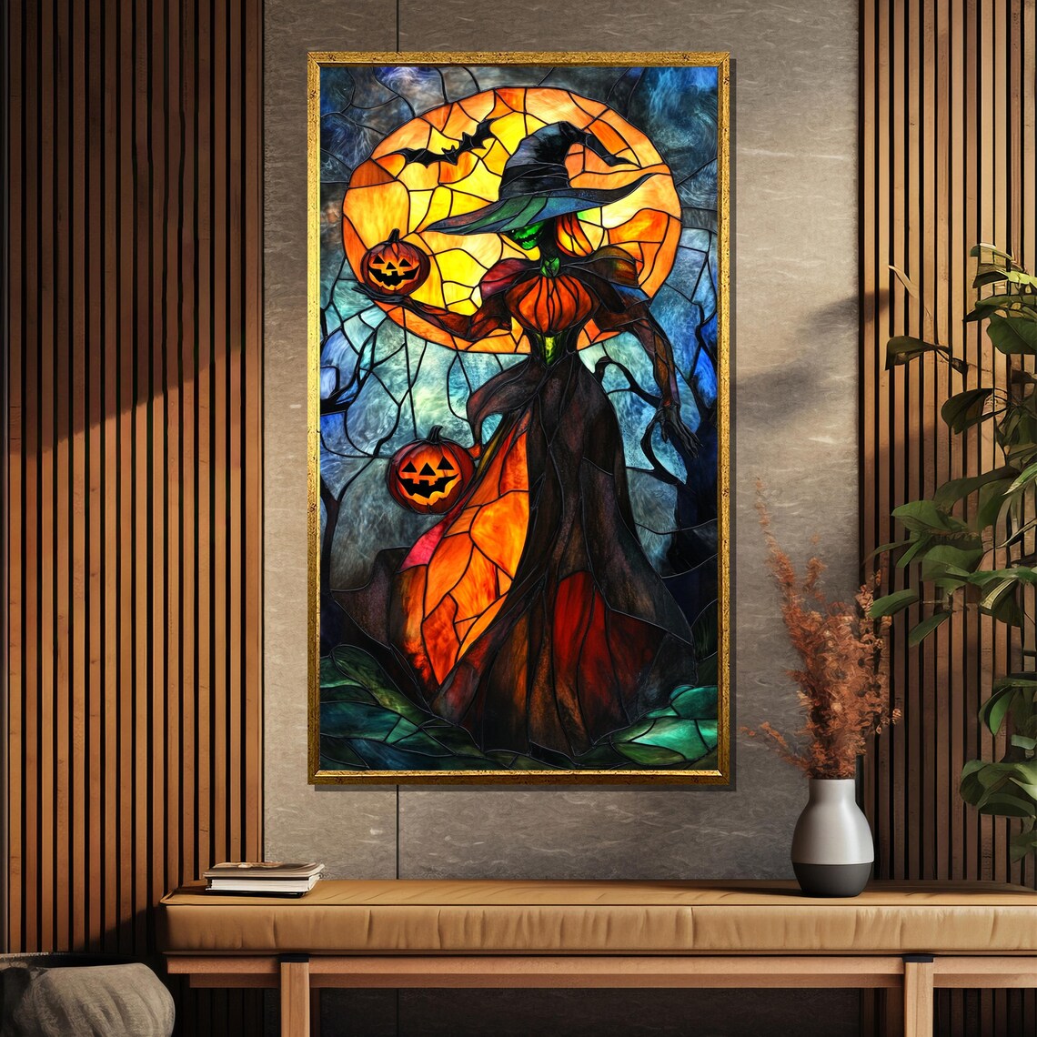 Stained Glass Halloween Witch With Pumpkin Moon Spooky Poster - Image 5