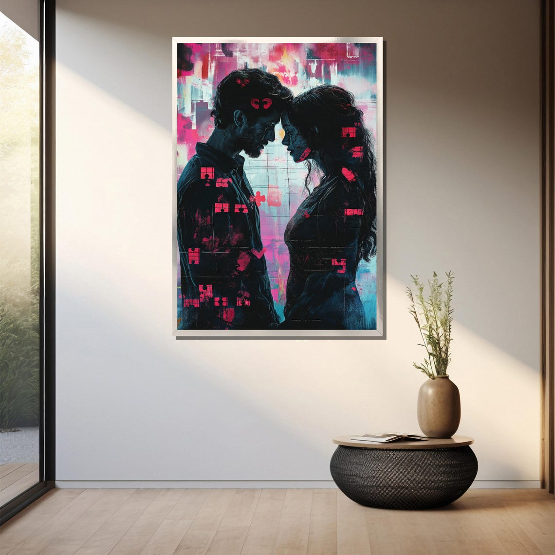 Abstract Lovers Face to Face with Pink Neon Grid Lines Poster - Image 3
