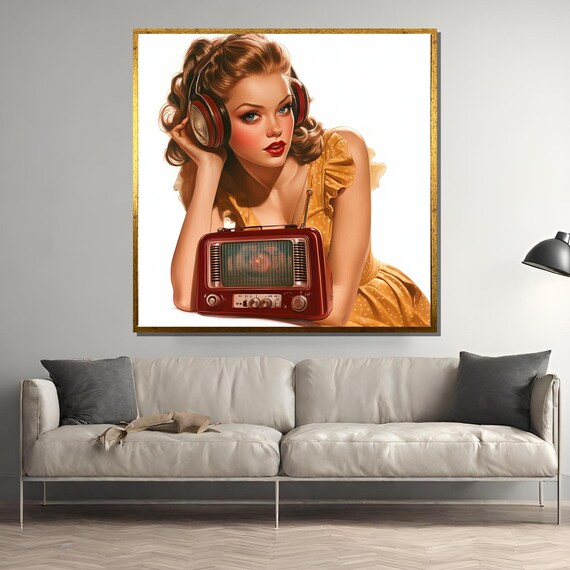 Retro Pin Up Girl with Headphones and Vintage Red Radio Poster