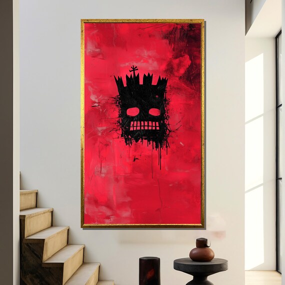 Minimalist Crowned Skull Black Ink On Vivid Red Background Poster