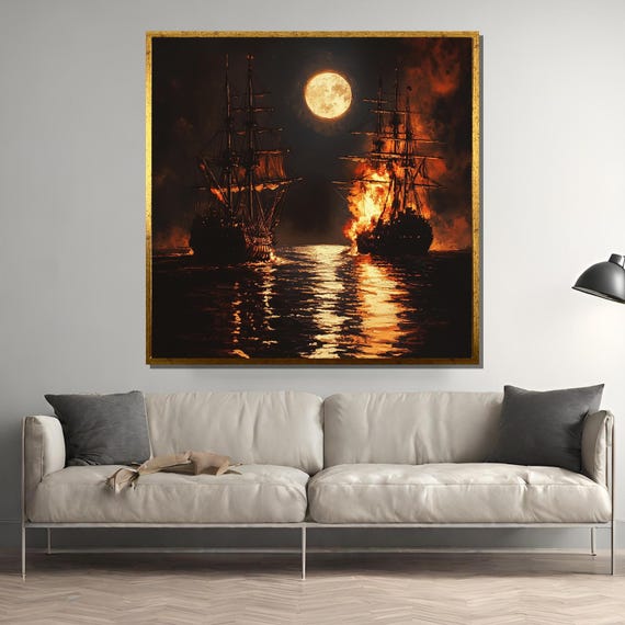 Dramatic Moonlit Sea Battle Painting Tall Ships In Conflict Fire And Moonlight Scene Perfect Nautical Art Gift For History Lovers