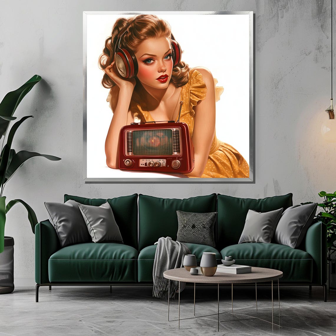 Retro Pin Up Girl with Headphones and Vintage Red Radio Poster - Image 3
