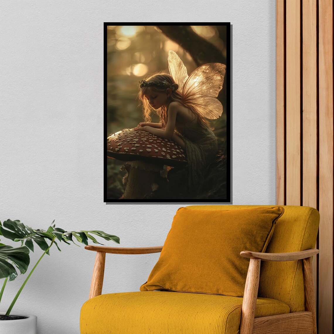 Little Fairy Resting on Giant Red Mushroom in Golden Forest Poster - Image 4