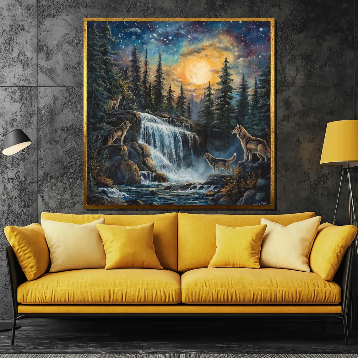 Wolf Pack by Moonlit Waterfall Under Starry Night Sky Painting Poster