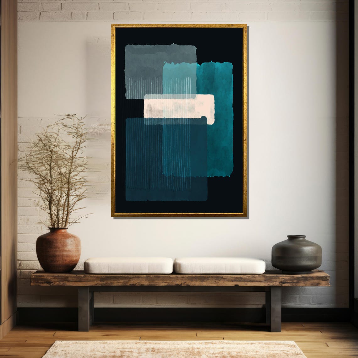 Teal Turquoise And White Blocks Geometric Abstract Painting Poster - Image 5