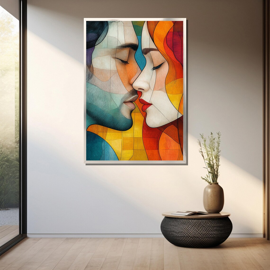 Abstract Couple Kiss in Stained Glass Warm Red and Teal Poster - Image 3