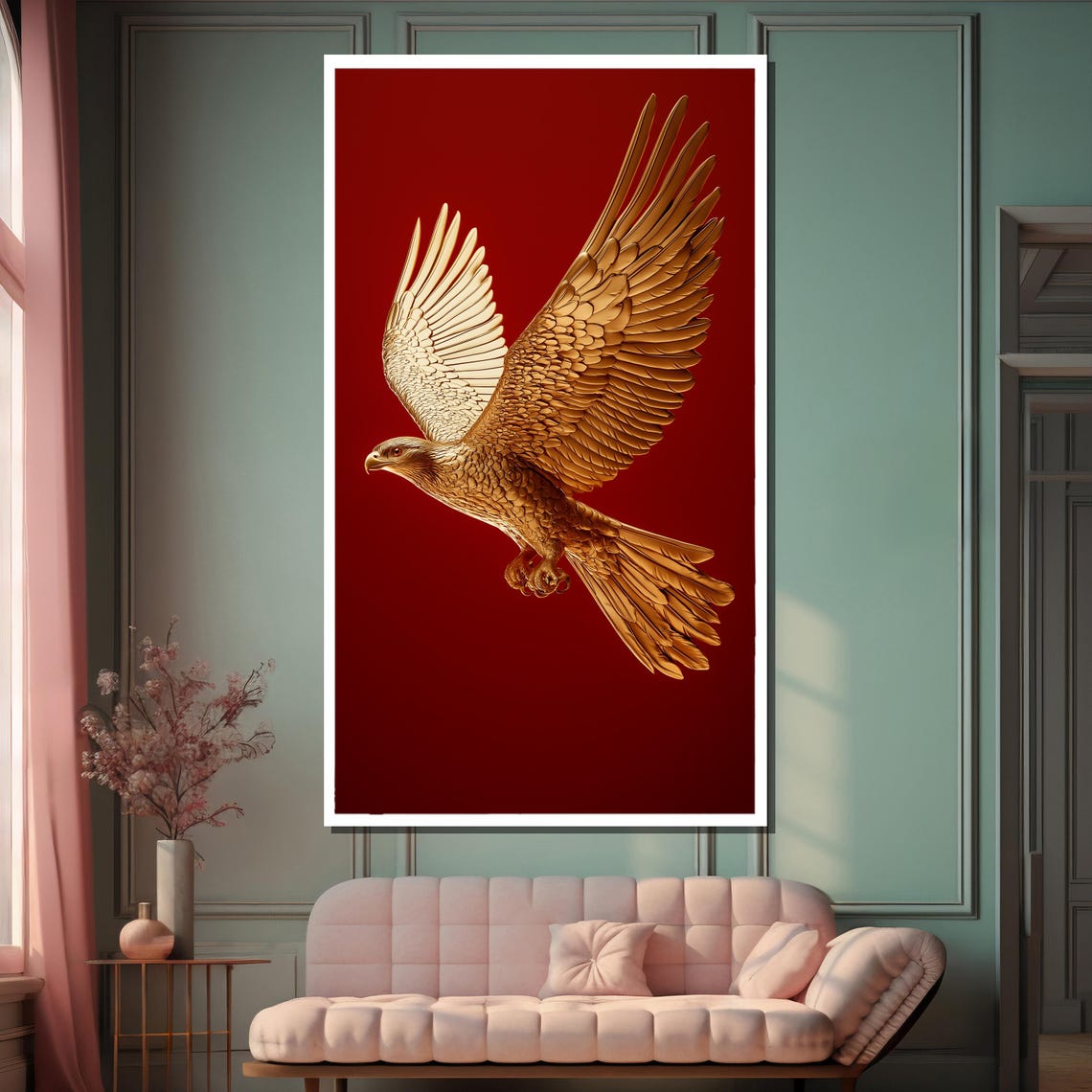 Golden Eagle Sculpture in Flight Against Deep Red Backdrop Poster - Image 2