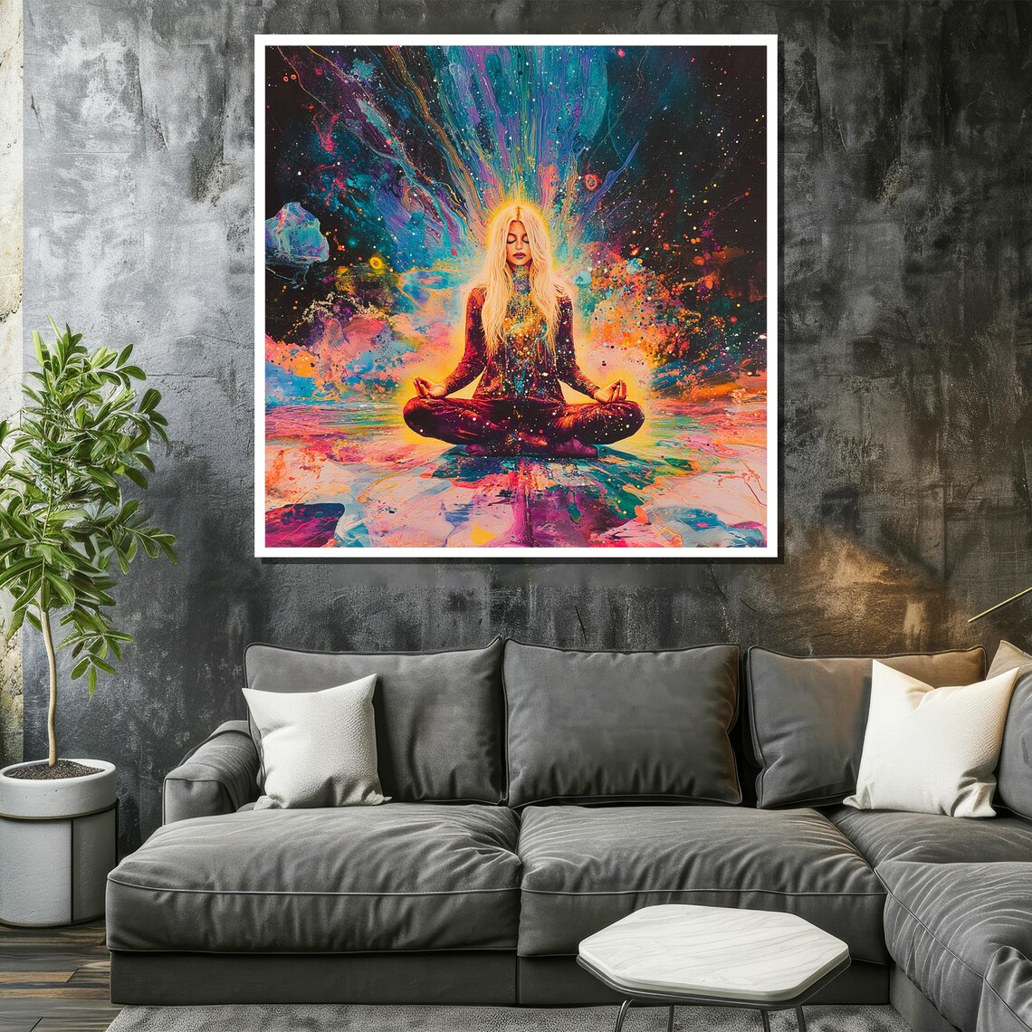 Blonde Woman Meditating In Vibrant Cosmic Energy Burst Poster - Image 2