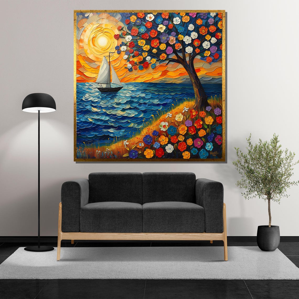 Sunset Sailboat Beside Blooming Flower Tree Impasto Art Poster - Image 5