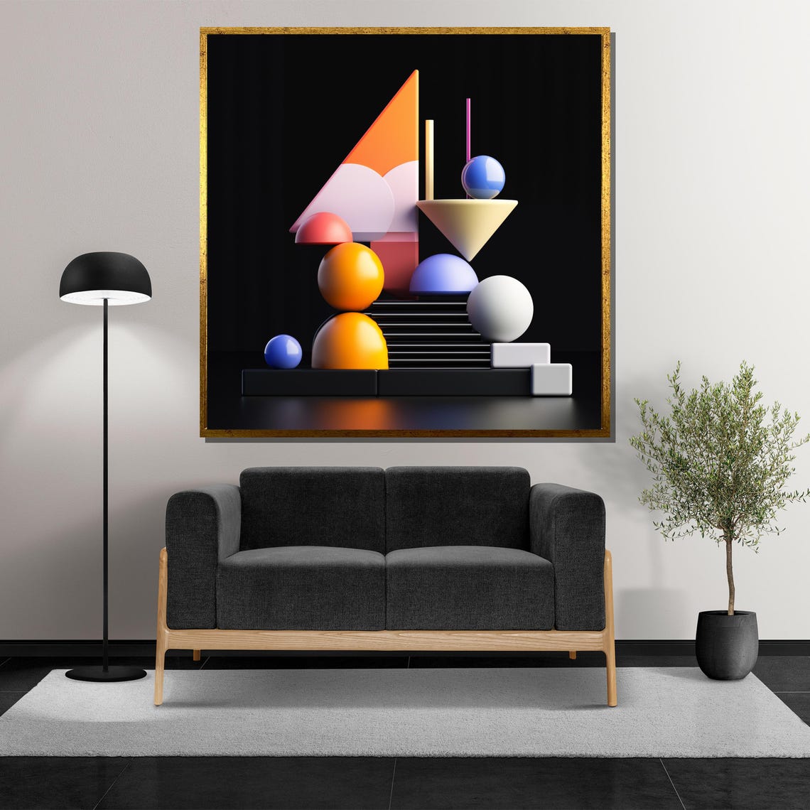 3D Geometric Abstract Spheres Cones on Black Background Poster - Image 5