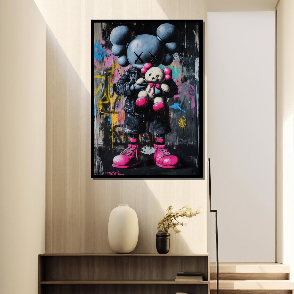 KAWS-Inspired X-Eyed Toy Figure Holding Teddy Bear Street Poster - Image 4