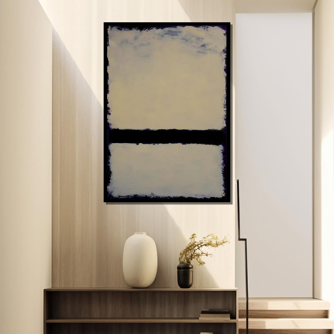 Soft Ivory Split By A Bold Black Abstract Color Field Poster - Image 4