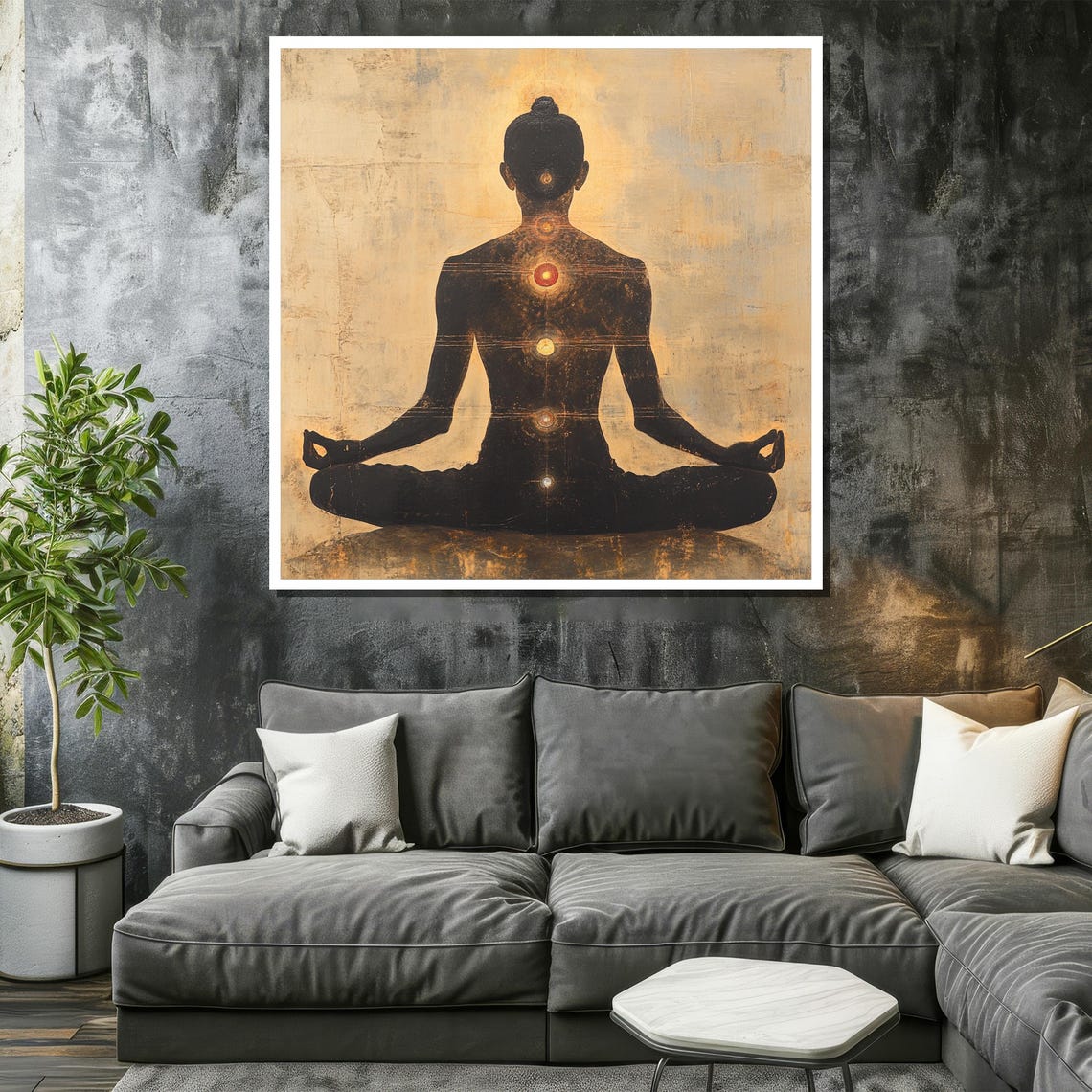 Chakra Meditation Silhouette in Lotus Pose Golden Aura Poster - Image 2