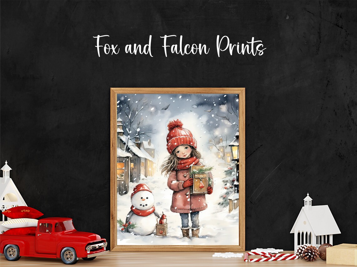 Little Girl With Snowman In Snowy Christmas Village Watercolor Poster - Image 2
