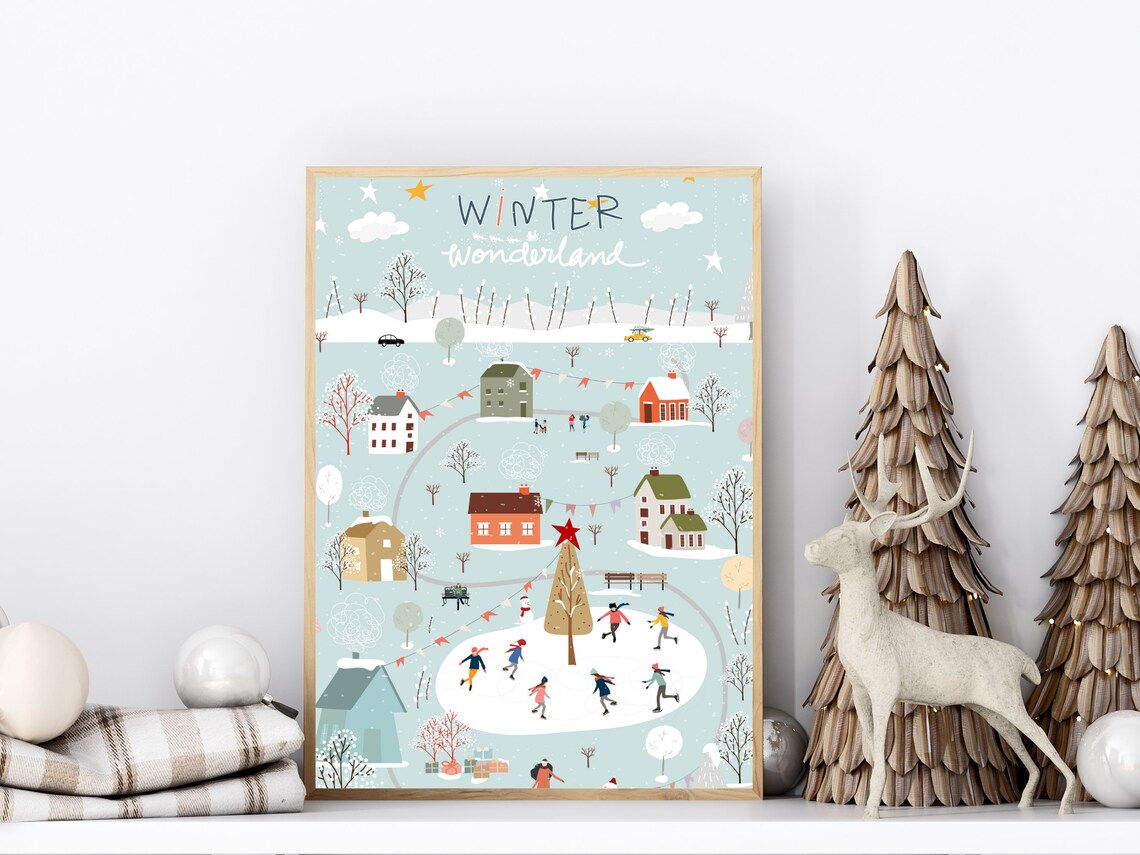 Bustling Snowy Village Christmas Art Print - Image 4