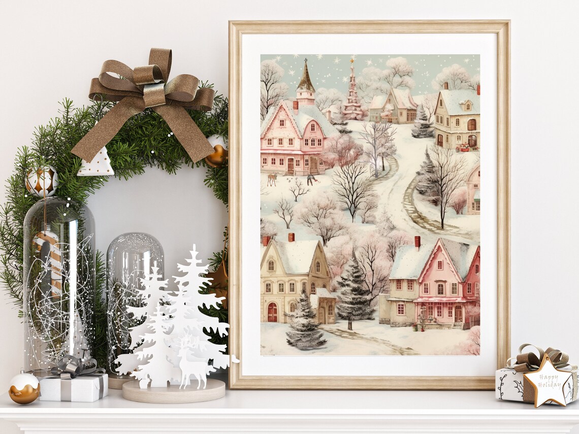 Blush Pink Snowy Village Watercolor Christmas Town Holiday Poster - Image 4