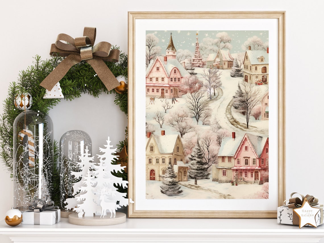 Christmas Village Art Print Winter Wonderland Wall Art Vintage Christmas Scene Old Fashioned Christmas Town Winter Village Holiday Decor - Image 4