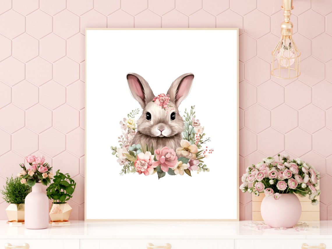 Cute Bunny Portrait Pink Floral Wreath Watercolor Nursery Art Poster - Image 4