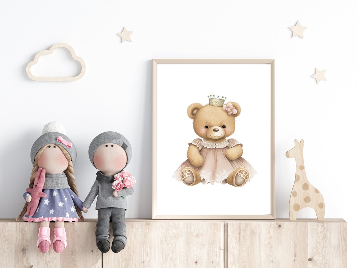 Princess Teddy Bear in a Pink Dress with Crown Nursery Poster - Image 2