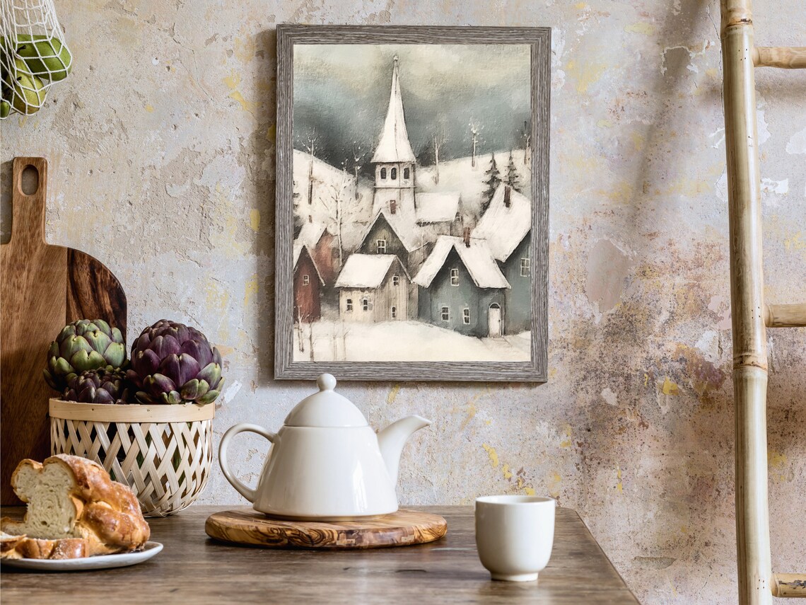 Snowy Scandinavian Village Church Steeple Watercolor Winter Art Poster - Image 2