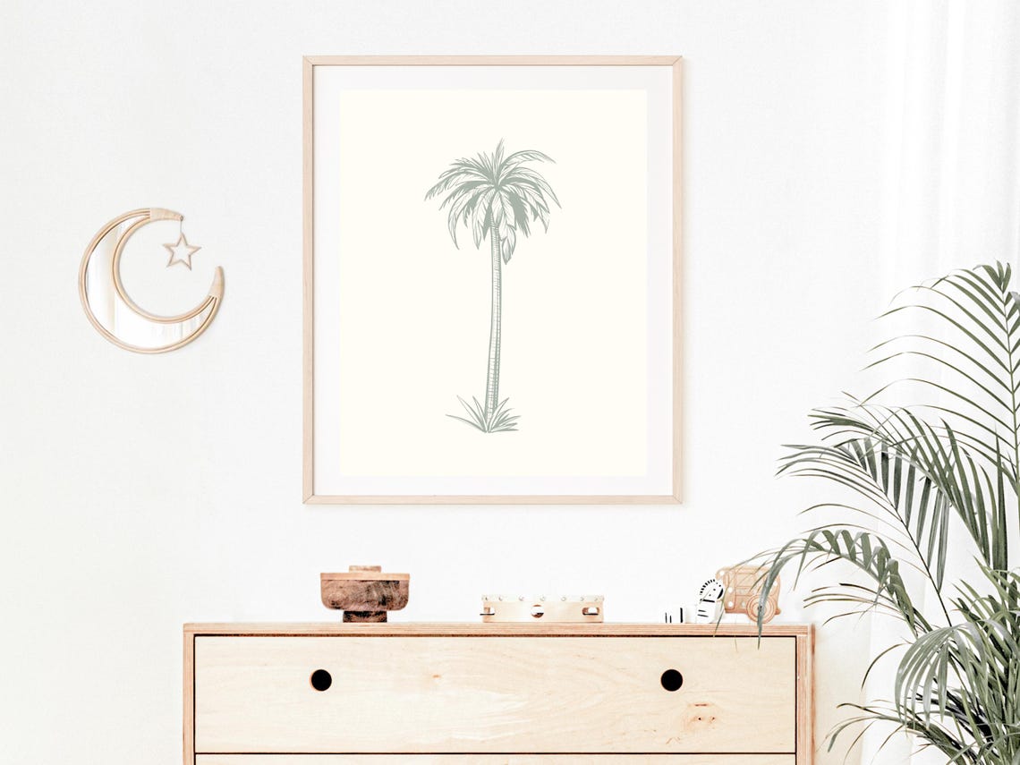 Minimalist Sage Green Palm Tree Line Art Coastal Wall Decor Poster - Image 2