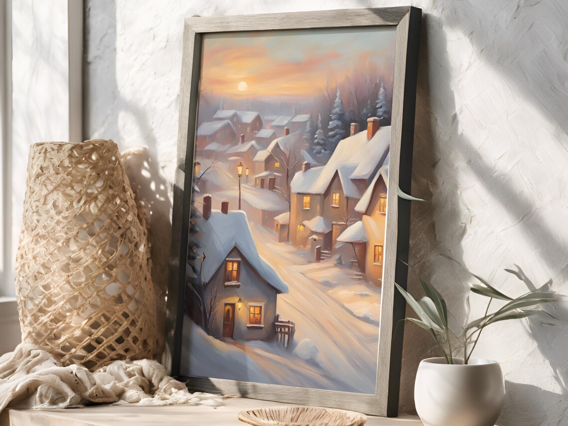 Snowy Village Sunset Painting Poster Cozy Winter Holiday Scene Decor - Image 4