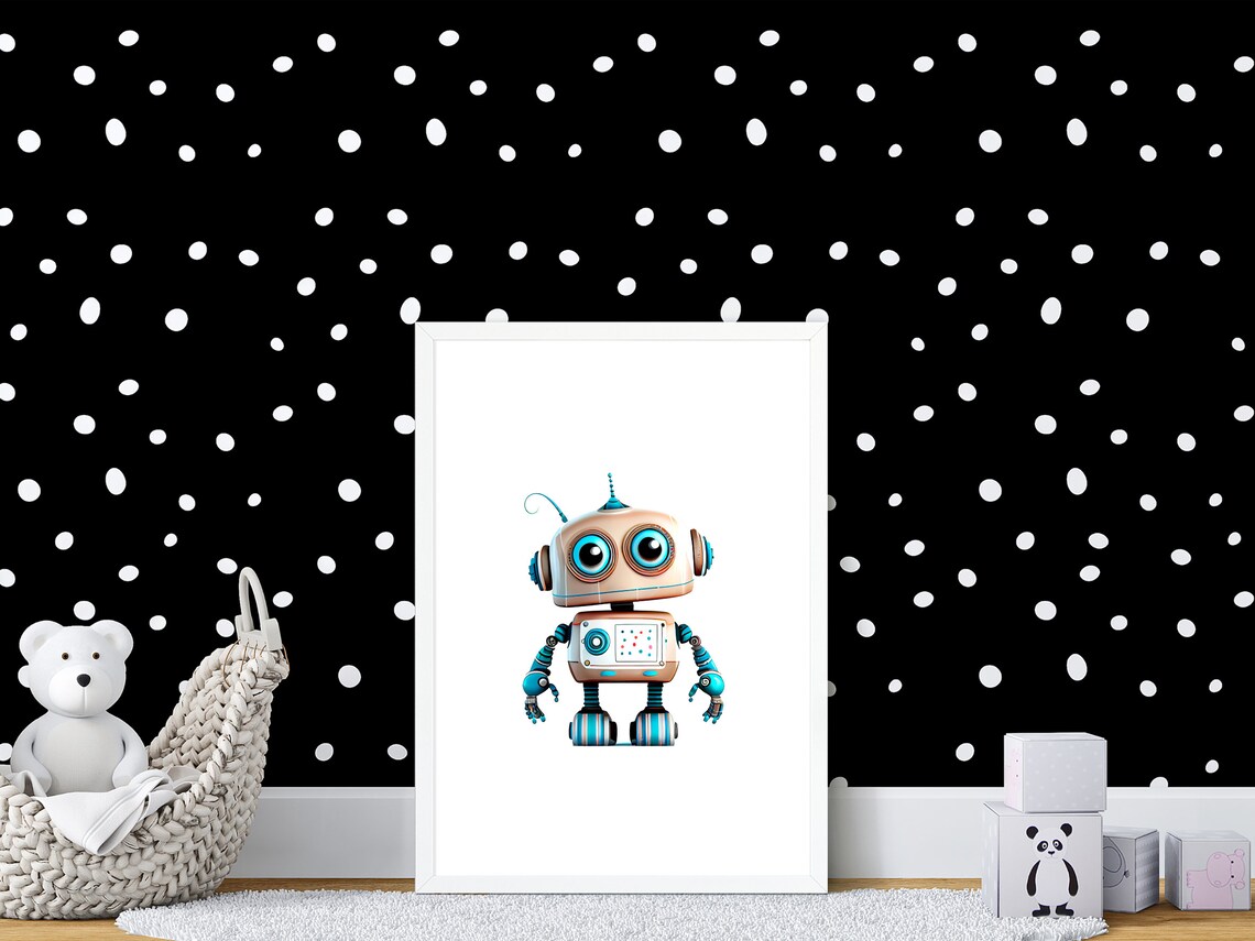 Adorable Retro Robot with Teal Eyes Boys Room Nursery Art Print - Image 2
