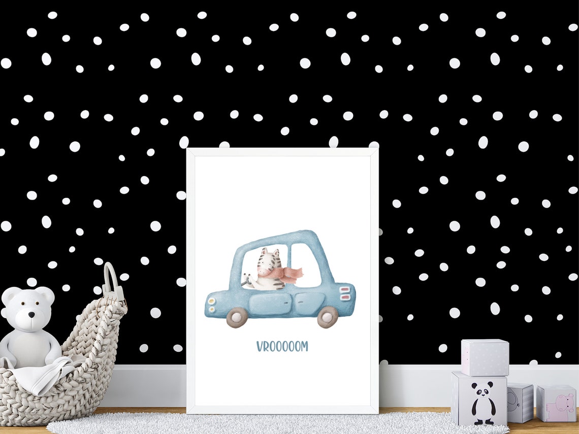 Zebra Driving Blue Car Vroooom Watercolor Kids Nursery Poster - Image 2