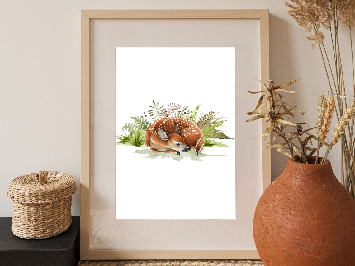 Sleeping Baby Deer Fawn Watercolor Woodland Nursery Art Print - Image 3