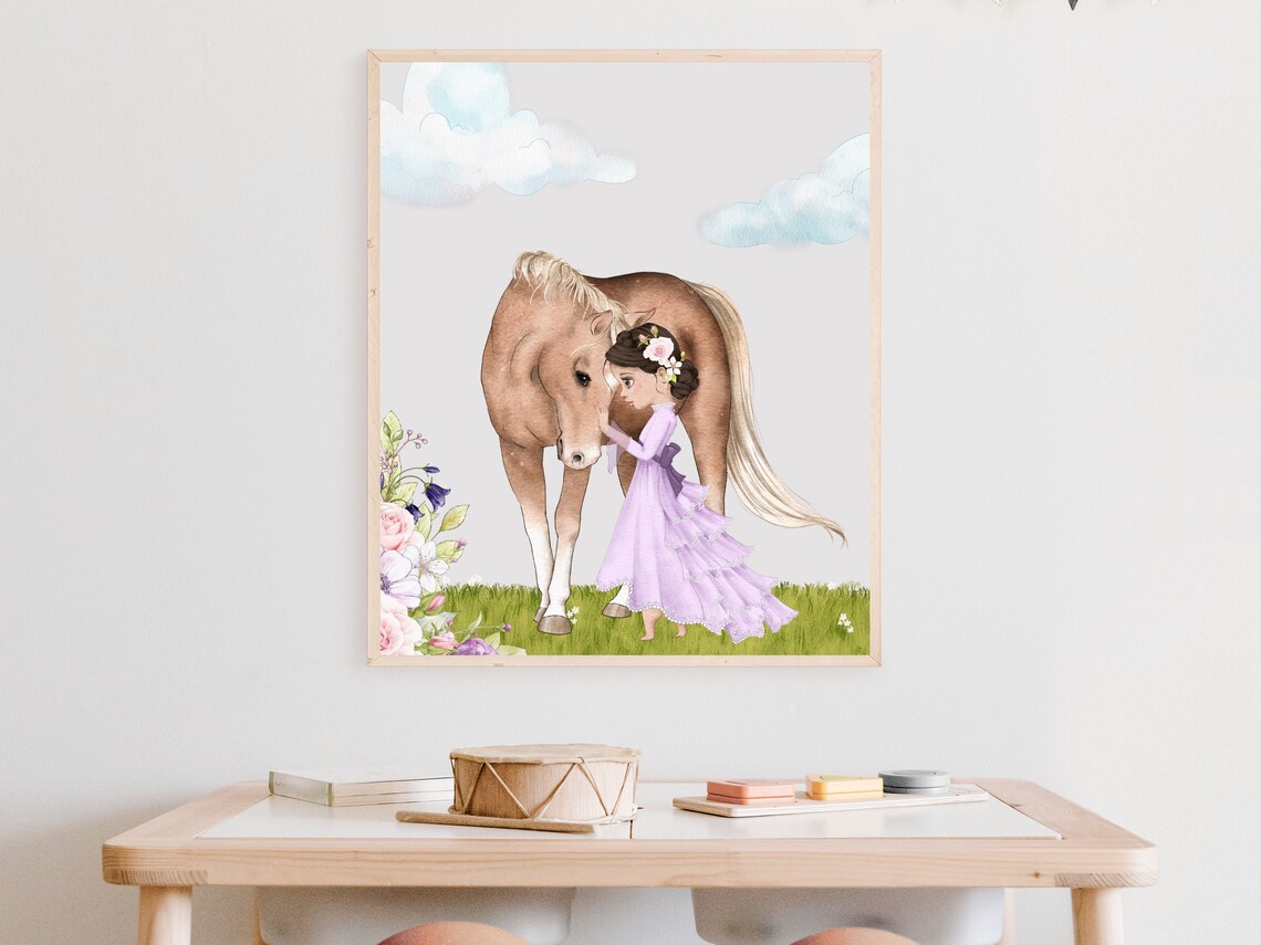 Little Girl In Purple Dress Hugging Her Horse Watercolor Poster - Image 2