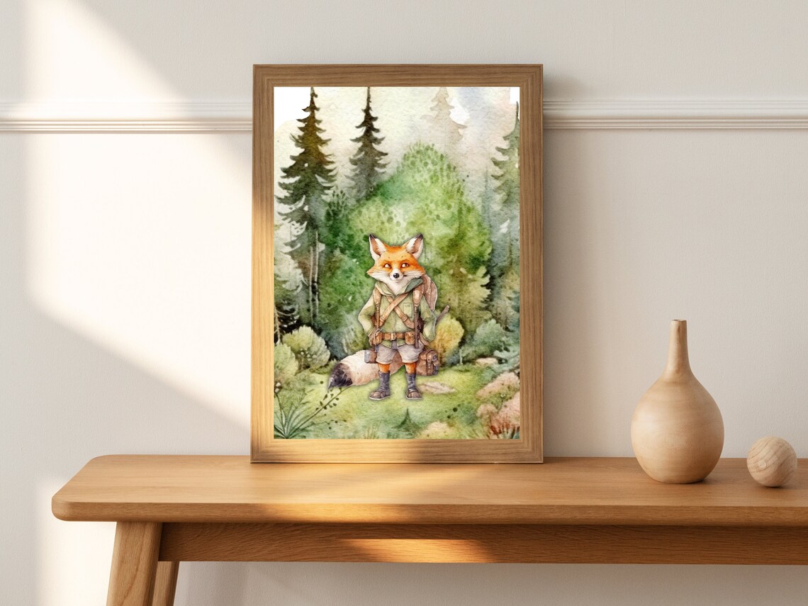 Fox Explorer Hiker in a Pine Forest Woodland Nursery Kids Room Poster - Image 2