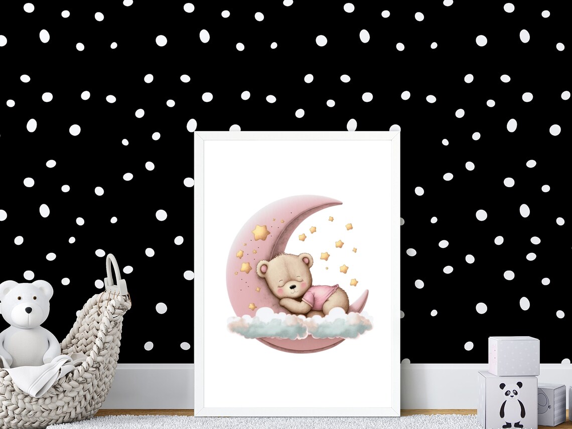 Sweet Sleeping Teddy Bear On Pink Moon Stars Girls Nursery Poster - Image 4
