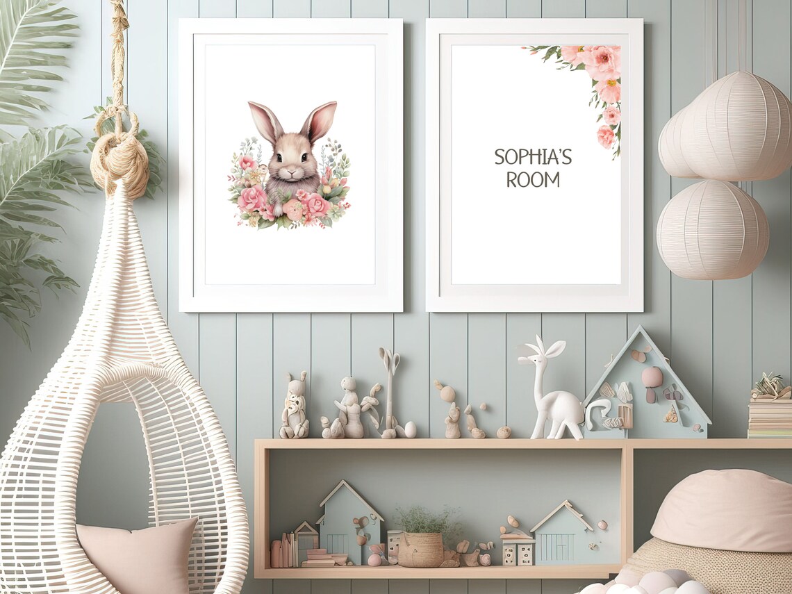 Cute Bunny Portrait Pink Rose Wreath Watercolor Nursery Art Poster - Image 3