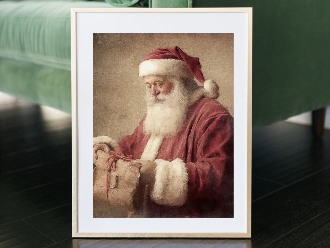 Santa Claus with a Gift Sack Vintage Oil Painting Christmas Poster - Image 4
